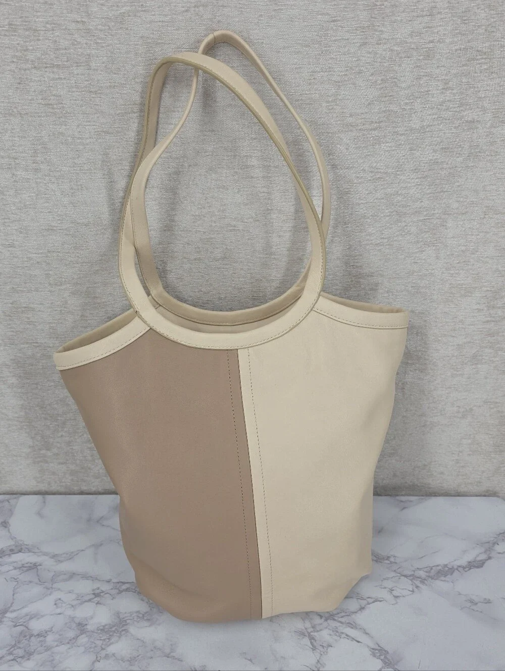 Coach Bea Neutral Two-Tone Ivory & Taupe Leather Top Zip Tote Bag